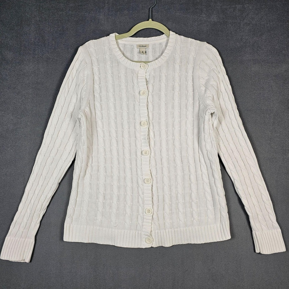 LL Bean Sweater Womens Medium White Cable Knit Button Front Cardigan Cotton